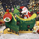 A festive Christmas advent calendar shaped like a sleigh, decorated with green panels, numbered doors, a Santa Claus figure, a tree, and holiday ornaments, set in a snowy scene.