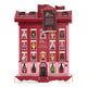 Advent calendar designed as a multi-story red and pink building with illustrated Christmas windows.
