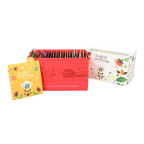 English Tea Shop tea gift set featuring a red box of assorted tea bags.