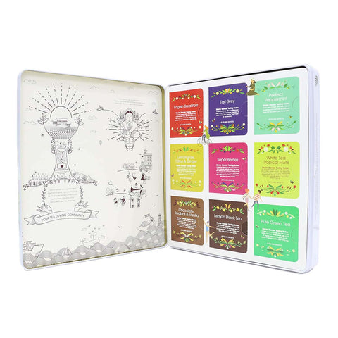 Tea packaging with colorful labels and illustrations on a white background