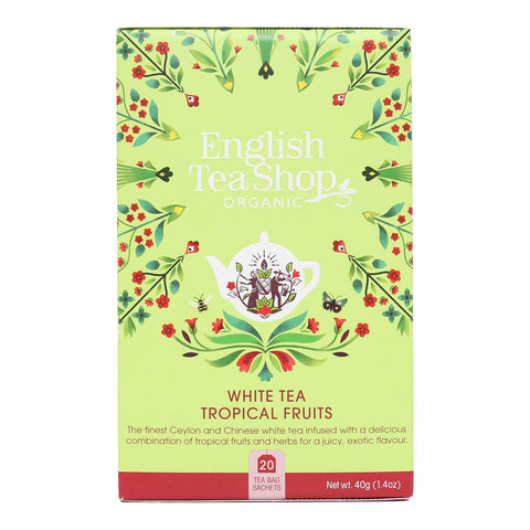 A box of organic white tea tropical fruits tea.