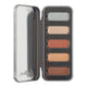 Eyeshadow palette with five rectangular pans in silver, champagne, bronze, peach, and brown shades, shown with its metallic silver tin lid open on a white background.