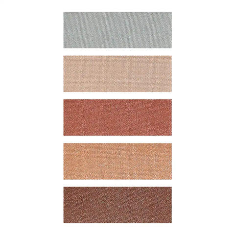 Five horizontal eyeshadow swatches in neutral shimmer tones, shown stacked vertically on a white background.