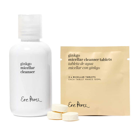 Ere Perez ginkgo micellar cleanser 37g bottle with tablets and packaging.