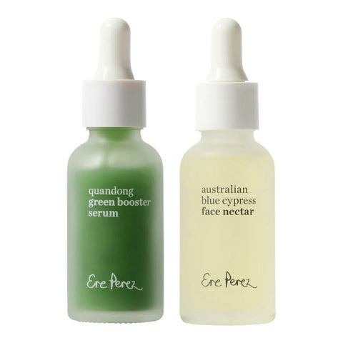 Close up of quandong green booster serum and Australian blue cypress face nectar.