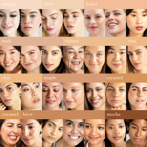 Grid of women with various skin tones, each labelled with different Oat Milk Foundation shades.