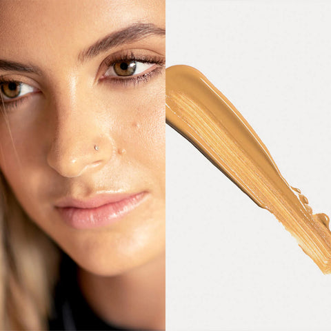 Oat Milk Foundation swatch in Caramel shade (medium golden) next to a model wearing the same shade.