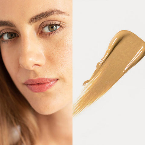 Oat Milk Foundation swatch in Chai shade (medium warm) next to a model wearing the same shade.