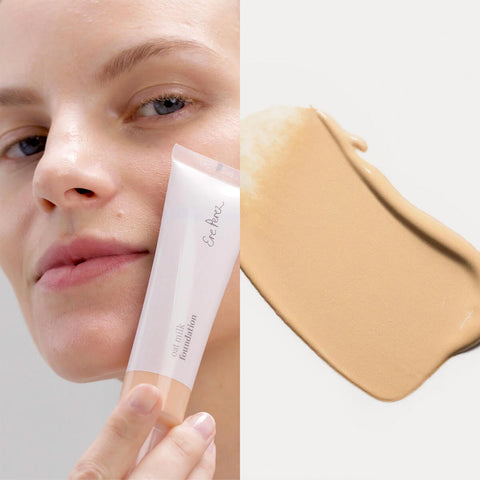 Oat Milk Foundation swatch in Honey shade (light warm) next to a model wearing the same shade.