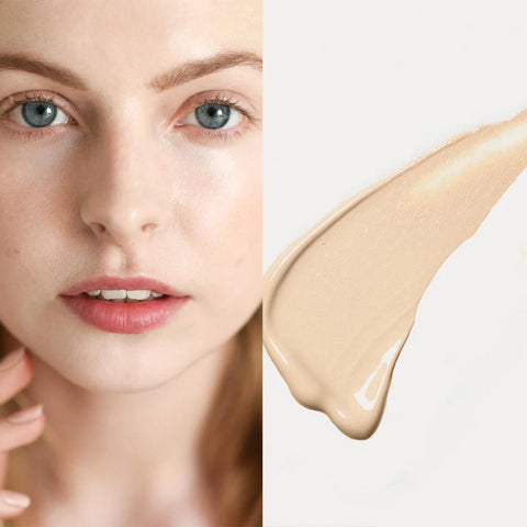 Oat Milk Foundation swatch in Latte shade (fair cool) next to a model wearing the same shade.