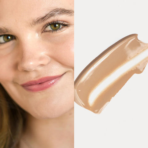 Oat Milk Foundation swatch in Malt shade (light-medium neutral) next to a model wearing the same shade.