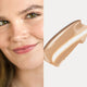 Oat Milk Foundation swatch in Malt shade (light-medium neutral) next to a model wearing the same shade.