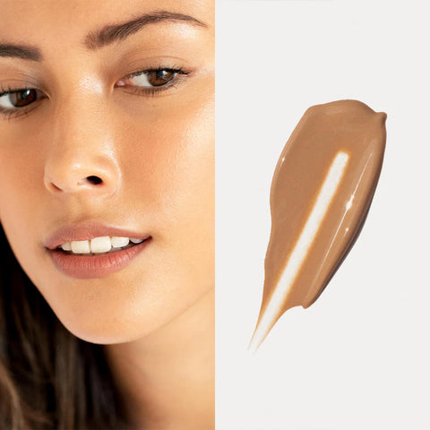 Oat Milk Foundation swatch in Maple shade (medium neutral) next to a model wearing the same shade.