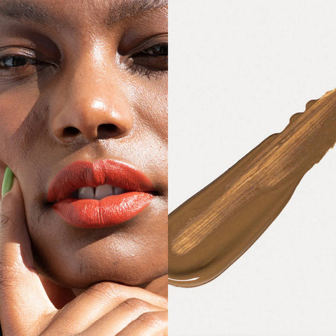 Oat Milk Foundation swatch in Mocha shade (golden-dark neutral) next to a model wearing the same shade.