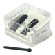 White plastic pencil sharpener with clear lid and carbon steel blades with Ere Perez branding on white background. 