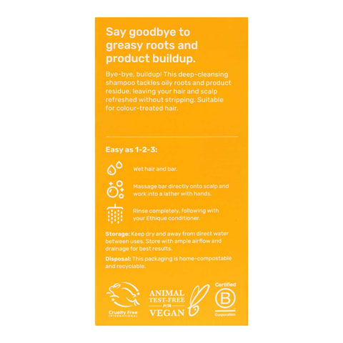 Back of Ethique Clarifying Solid Shampoo for Oily hair and Roots 110g box, showing description and directions.