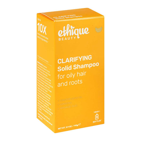 Ethique Clarifying Solid Shampoo for Oily Hair and Roots 110g box, vegan bar with eco-friendly packaging.