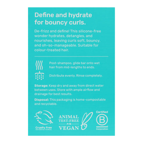 Back of Ethique Curl-Defining Solid Conditioner for Curly and Coily Hair 110g box, showing description and instructions.