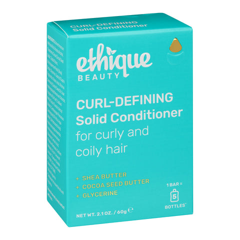 Ethique Curl-Defining Solid Conditioner for Curly and Coily Hair 110g box, vegan bar with eco-friendly packaging.