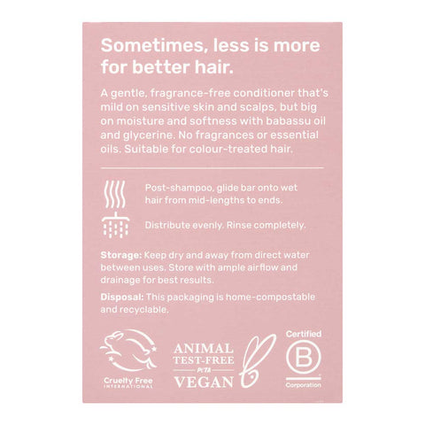 Back of Ethique Gentle Solid Conditioner Fragrance-Free 60g box, showing description and directions.