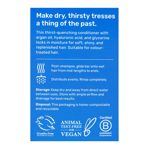 Back of Ethique Hydrating Solid Conditioner for Dry Hair 60g box showing description and directions.