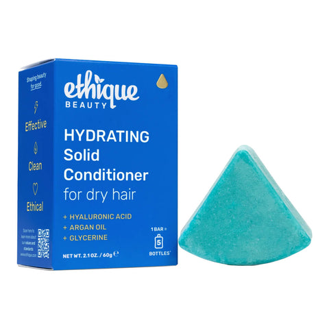 Ethique Hydrating Solid Conditioner for Dry Hair 60g box next to blue bar.