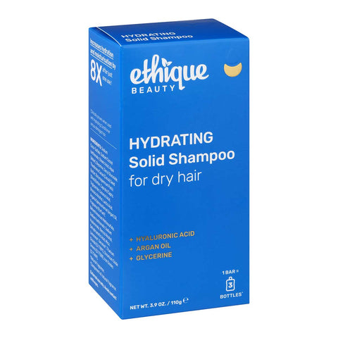 Ethique Hydrating Solid Shampoo for Dry Hair 110g box, vegan bar with eco-friendly packaging.