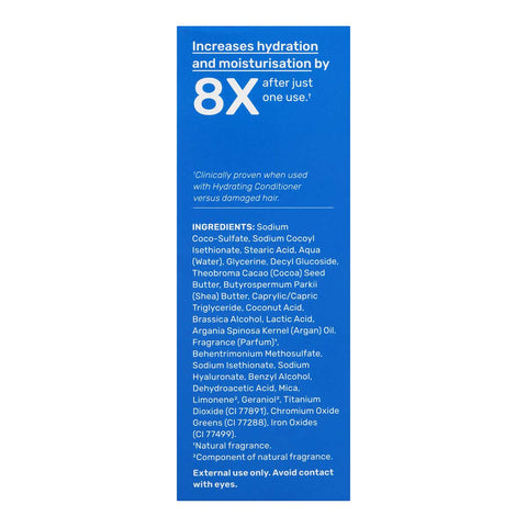 Left side of Ethique Hydrating Solid Shampoo for Dry Hair 110g box, showing ingredients.