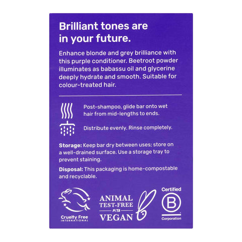 Back of Ethique Purple Solid Conditioner for Blonde and Grey Hair 60g box, showing description and ingredients.