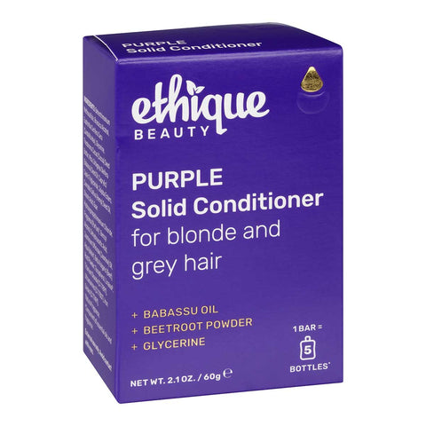 Ethique Purple Solid Conditioner for Blonde and Grey Hair 60g box, vegan bar with eco-friendly packaging.
