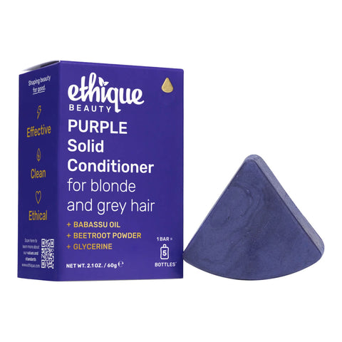 Ethique Purple Solid Conditioner for Blonde and Grey Hair 60g box next to purple bar.