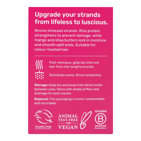 Back of Ethique Purple Solid Conditioner for Damaged Hair 60g box, showing description and ingredients.