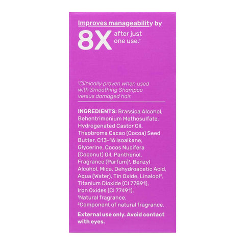 Left side of Ethique Smoothing Solid Conditioner for Frizzy Hair 60g box, showing ingredients.