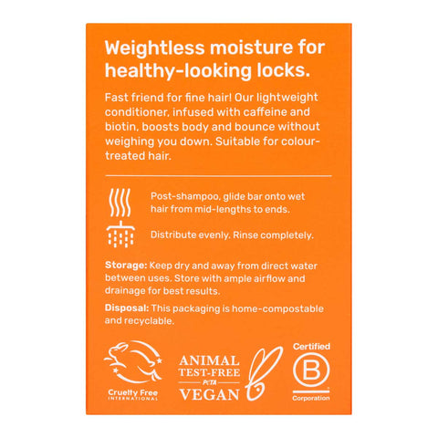 Back of Ethique Volumising Solid Conditioner for Fine, Flat Hair 60g box, showing description and directions.