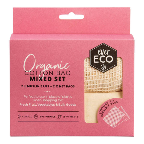 Pink packaging of Organic Cotton Bag Mixed Set by Ever Eco on a white background.