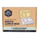 Cardboard packaging of a stainless steel bento lunch box with Ever Eco branding. 5 compartments with a leak resistant silicone seal.