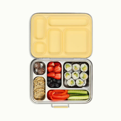 Ever Eco Stainless Steel Bento Lunch Box - 5 compartment. 'Buttercup' yellow silicone insert.