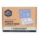 Cardboard packaging of an Ever Eco stainless steel bento lunch box with a diagram on a white background. In the colour 'Cove' (light blue) for the silicone seal.