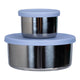 Two stainless steel snack pods stacked on top of each other with blue silicone lids.