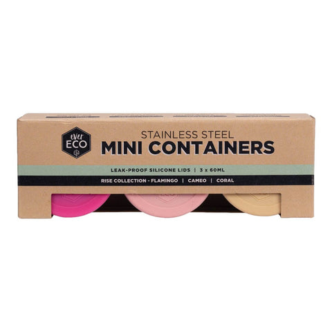 Front packaging of 3 x 60ml stainless steel containers with coloured silicone leakproof lids. 