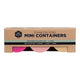 Front packaging of 3 x 60ml stainless steel containers with coloured silicone leakproof lids. 