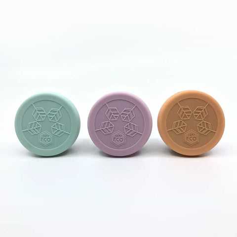 Ever Eco Stainless Steel Mini Containers Spring Pastels Collection, showing the coloured silicone lids on a white background.