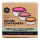 Front of packaging for ever eco set of 3 stainless steel round nesting containers with leak-resistant lids. Rise collection - colourful pinks and coral.