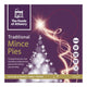 Front packaging of The Foods of Atheny Traditional Mince Pies, 240g, featuring a dark purple background with gold and white text, decorative starburst graphics, and badges indicating vegan, dairy free, gluten free, and wheat free.