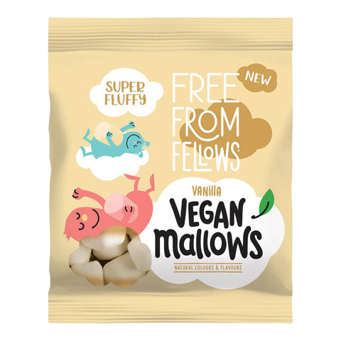 Bag of vanilla flavoured Vegan Mallows with cartoon characters on a beige background.