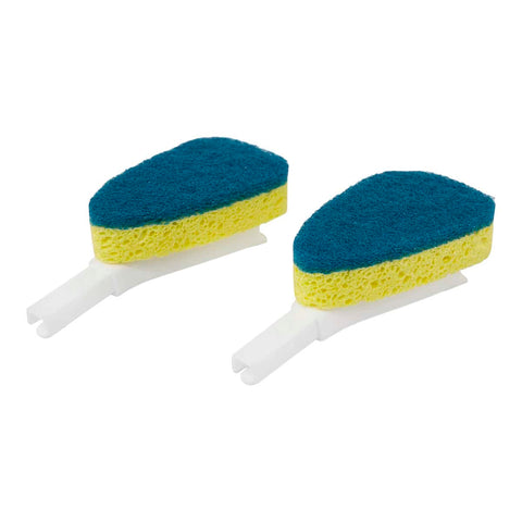 Two scrub brushes with blue and yellow sponge heads on white background