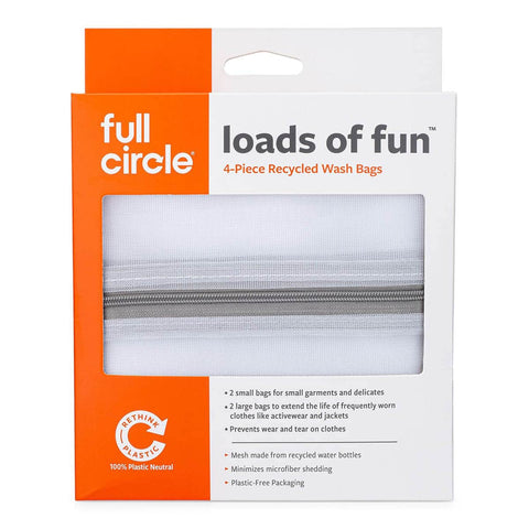 Packaging of full circle 4-piece recycled wash bags with orange and white design.