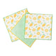 Three square microfibre dishcloths with a lemon and citrus slice pattern on a white background, and a plain mint green design with yellow border trim, displayed on a clean white background.