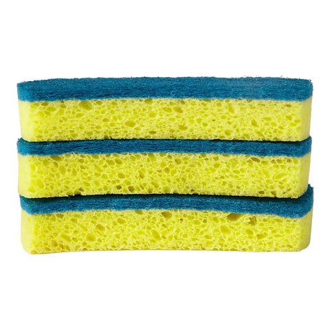 Three stacked yellow sponge scrubbers with blue abrasive edges on a plain white background.