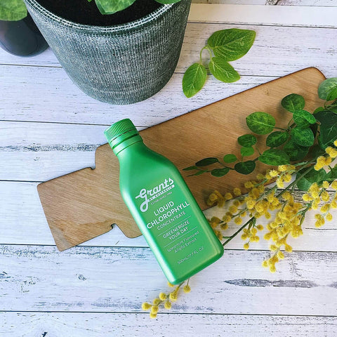 Green bottle of Liquid Chlorophyll on a wooden board with leaves and flowers.